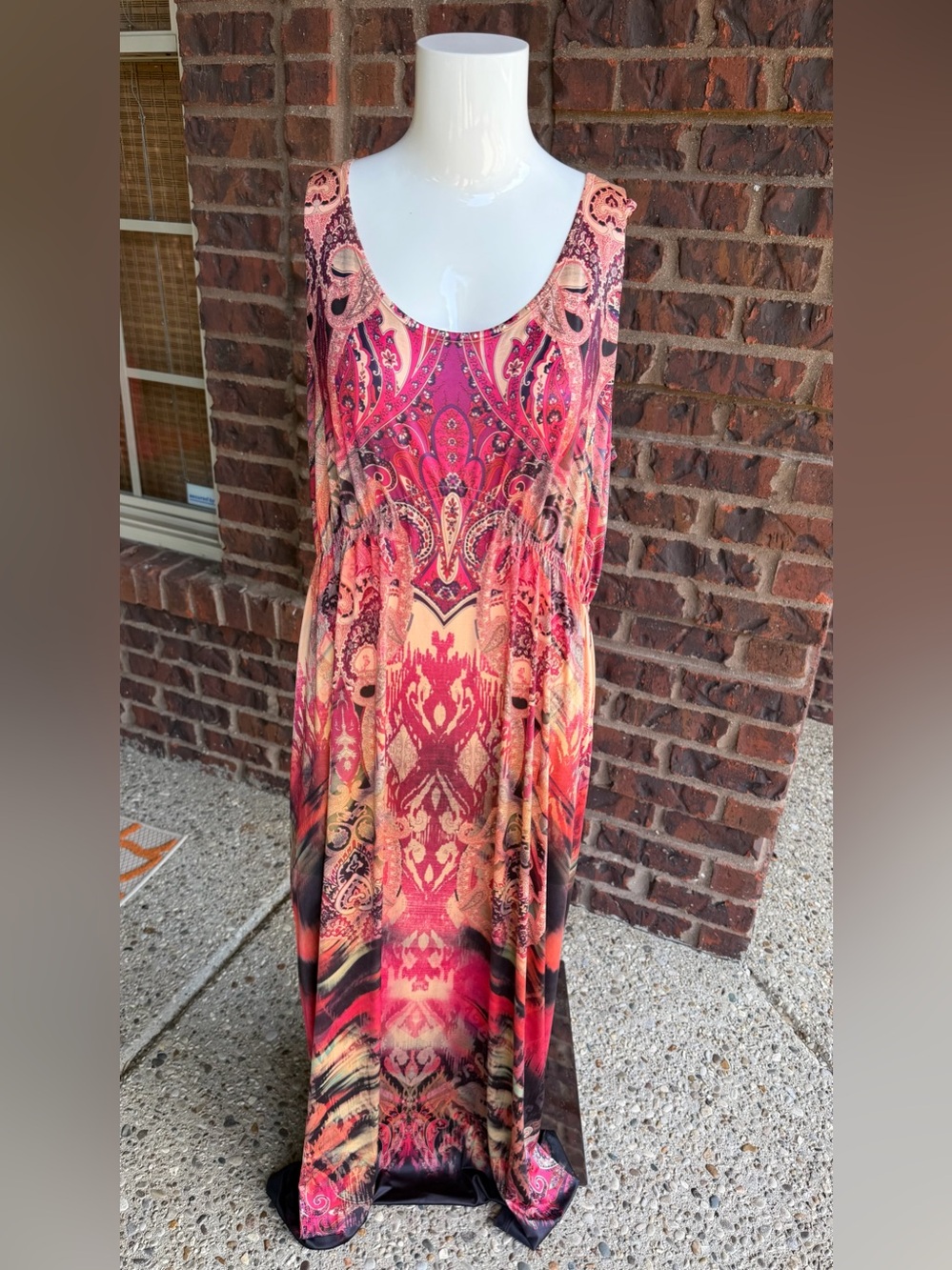 One World Boho Paisley Maxi Dress Sleeveless Rhinestone Sz 1X Pink Multicolor